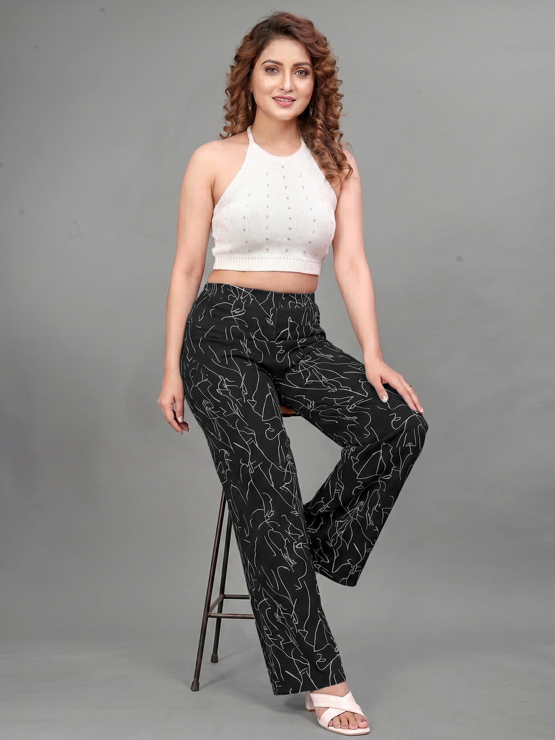 Women's High-Waist Wide-Leg Pants With Abstract Print Flowy Trousers