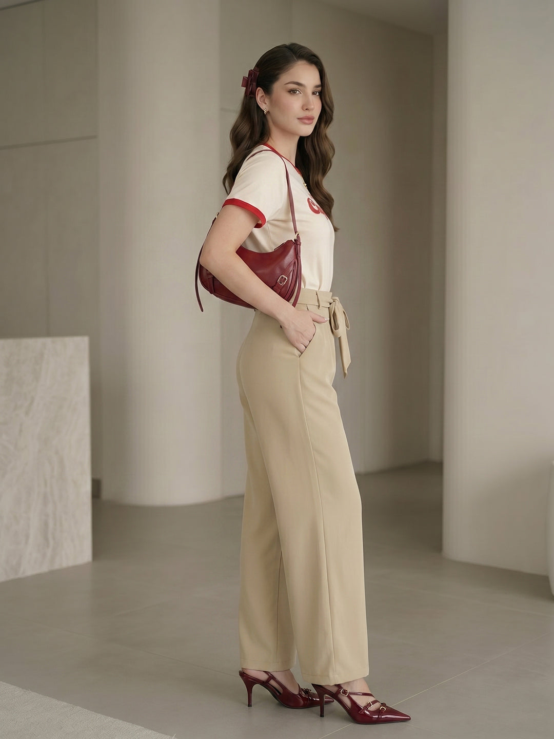 Women's Beige High-Waist Belted Wide-Leg Trousers