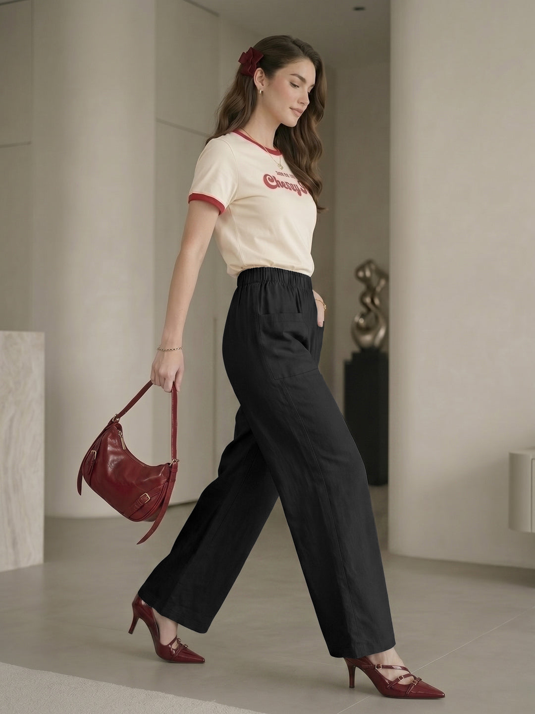 Women's Black High-Rise Relaxed Wide-Leg Trouser with Front Patch Pockets
