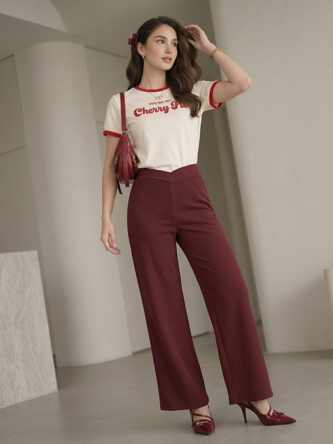 Women's Brown V-Cut Waist High-Rise Wide-Leg Trousers