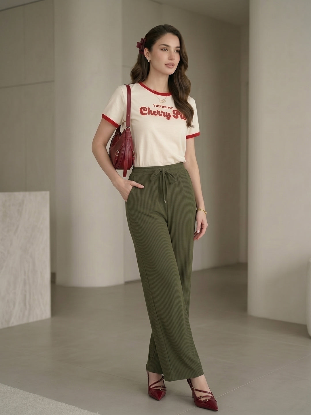 Women's Green Ribbed High-Waist Wide-Leg Trouser with Drawstring