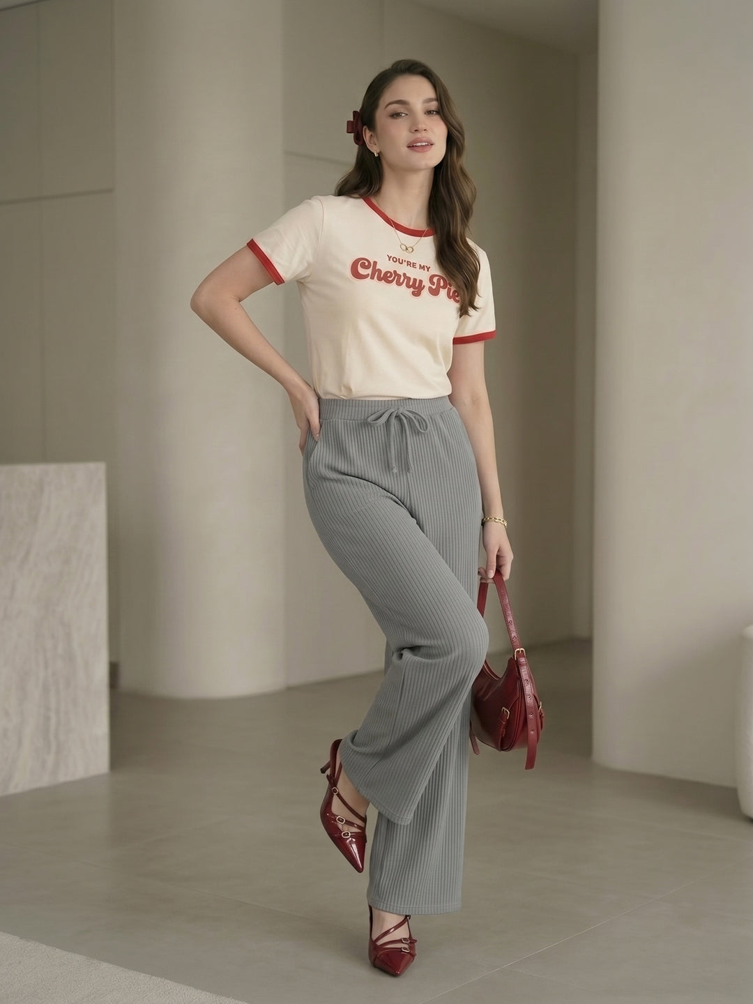 Women's Grey Ribbed High-Waist Wide-Leg Trouser with Drawstring
