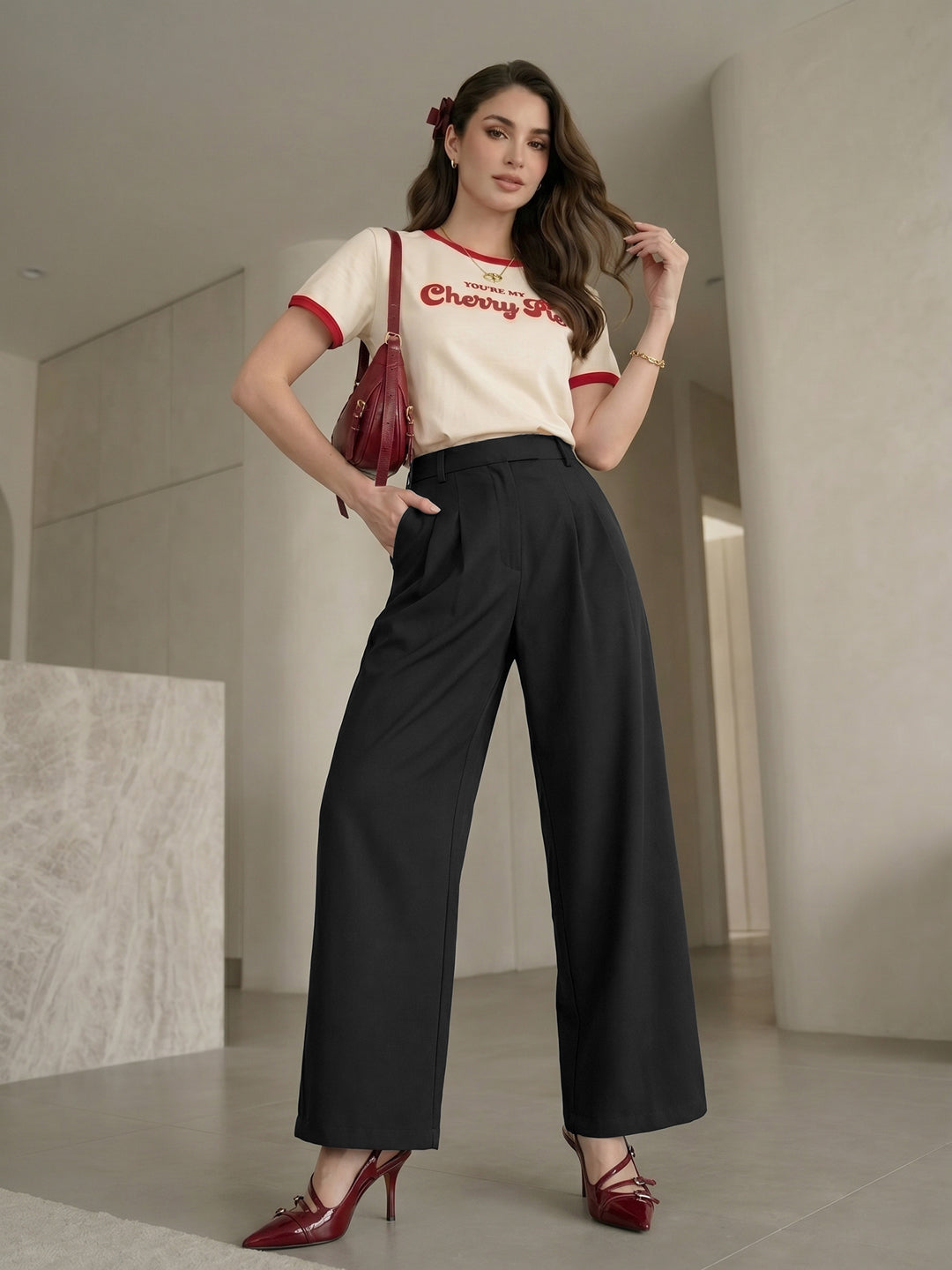 Women's Black High-Rise Front Pleated Formal Wide-Leg Trouser