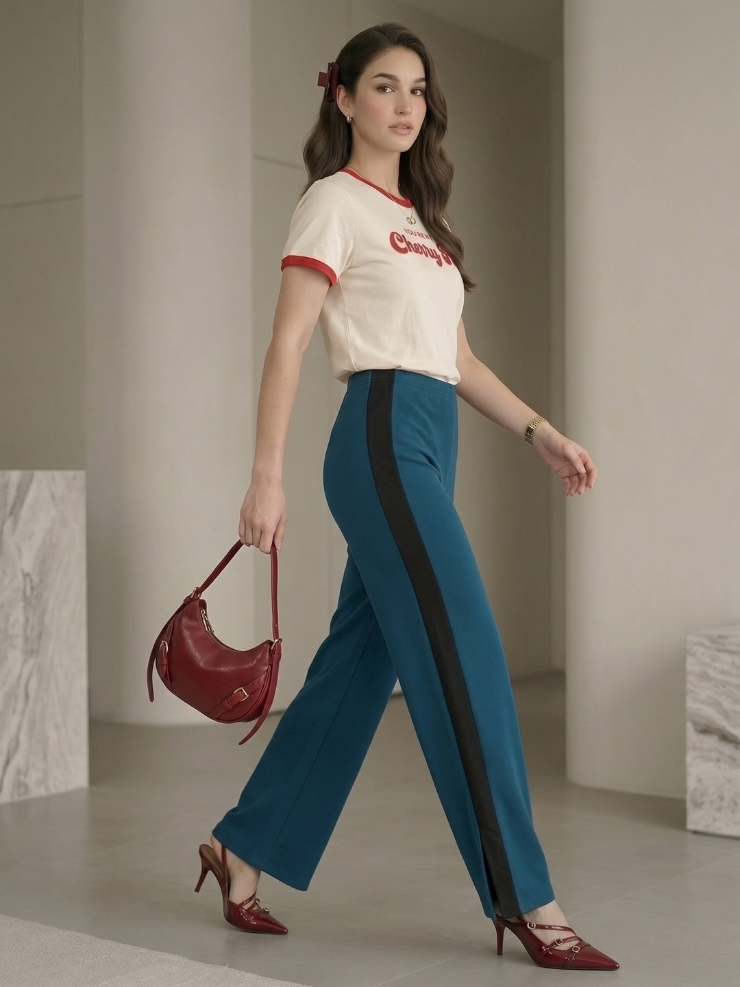 Women's Teal Blue High-Waist Side-Stripe Wide-Leg Trouser with Side Slit