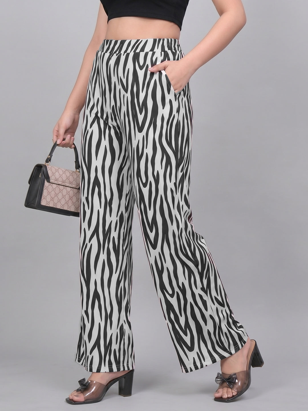 Women's High-Waist Wide-Leg Pants Black and White Zebra Print Flowy Trousers