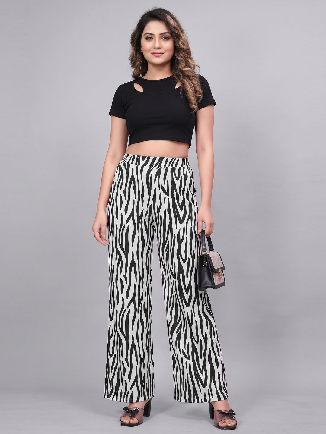Women's High-Waist Wide-Leg Pants Black and White Zebra Print Flowy Trousers