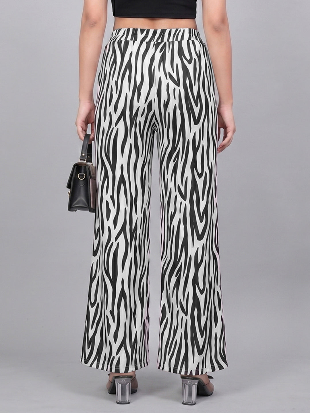 Women's High-Waist Wide-Leg Pants Black and White Zebra Print Flowy Trousers