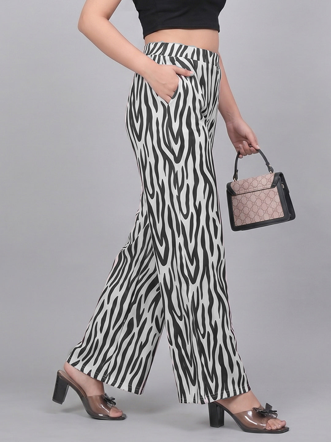 Women's High-Waist Wide-Leg Pants Black and White Zebra Print Flowy Trousers