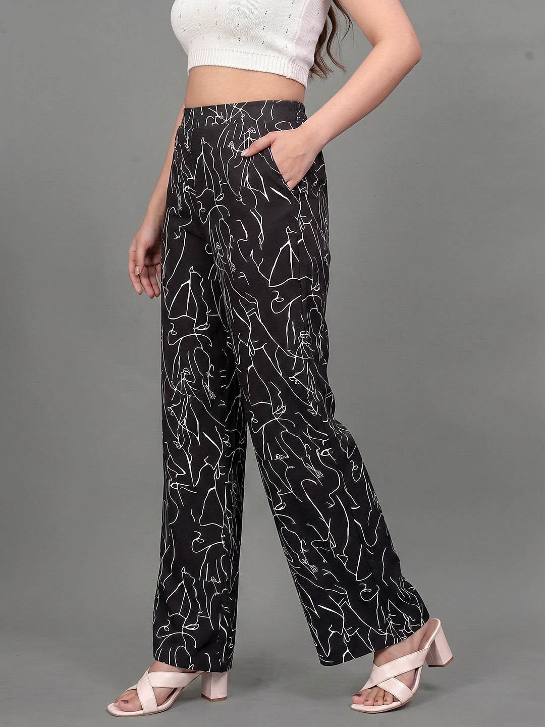 Women's High-Waist Wide-Leg Pants With Abstract Print Flowy Trousers