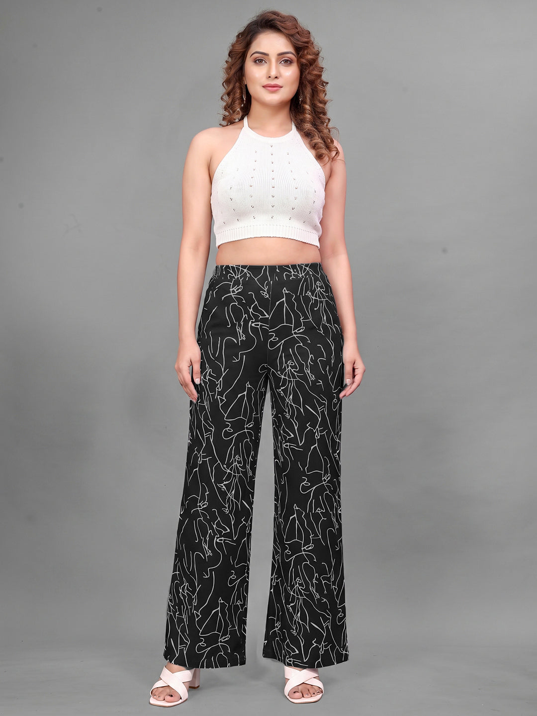 Women's High-Waist Wide-Leg Pants With Abstract Print Flowy Trousers