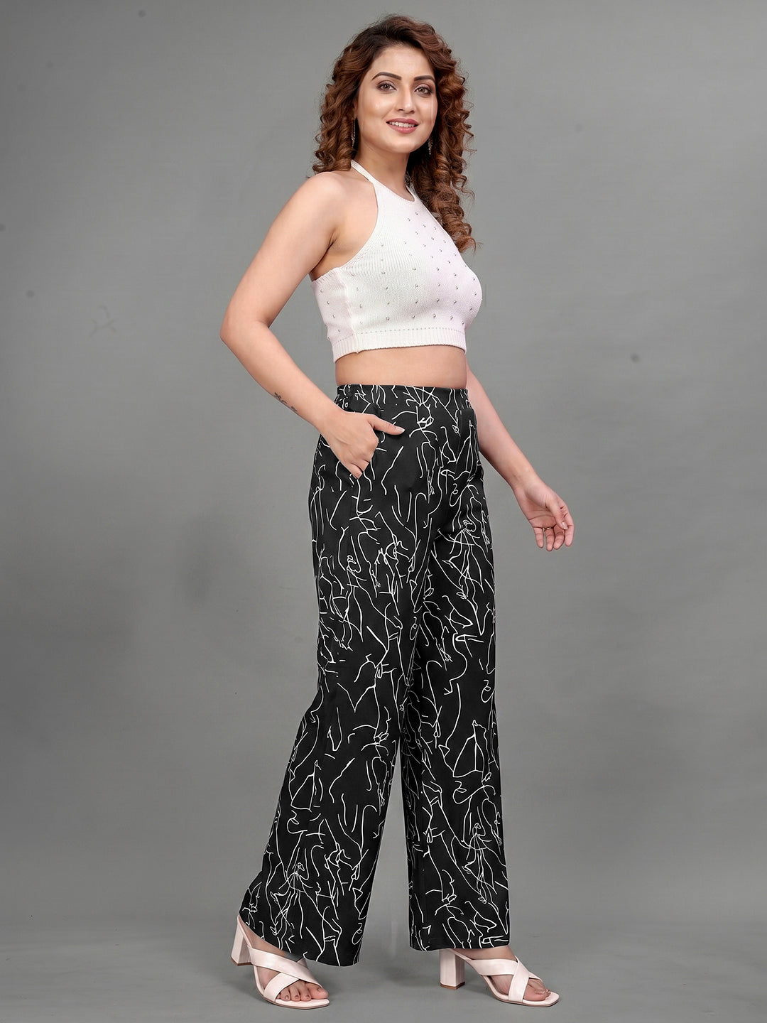 Women's High-Waist Wide-Leg Pants With Abstract Print Flowy Trousers
