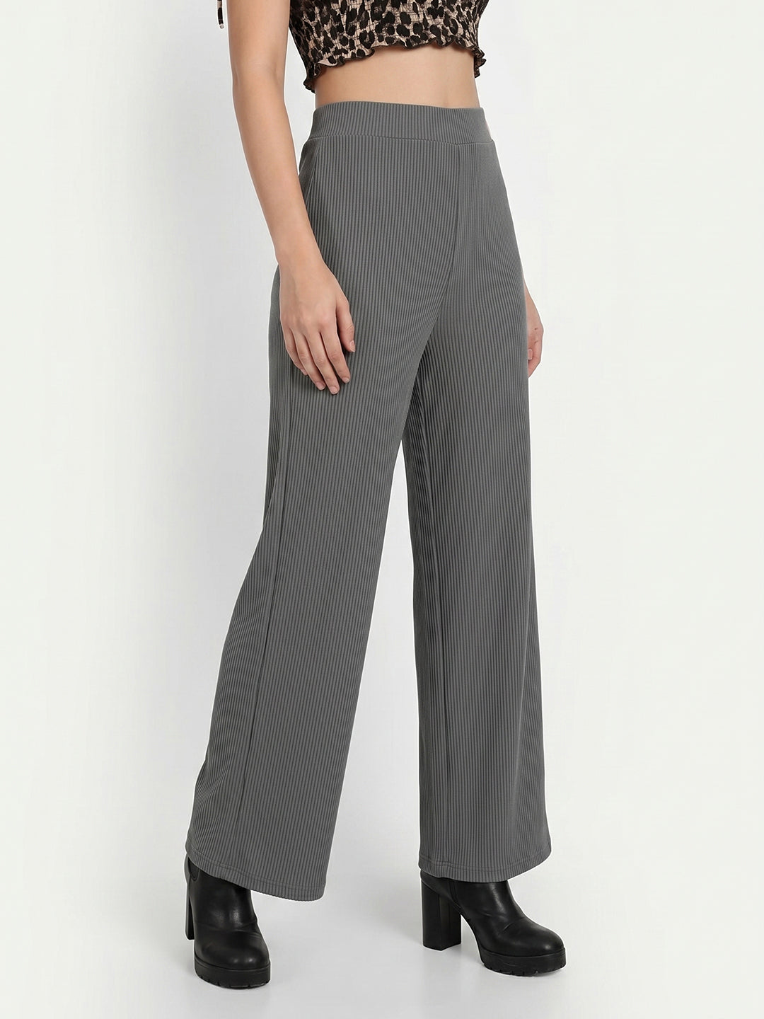 Women's Flowy Grey Ribbed Wide-Leg Loungewear Trousers
