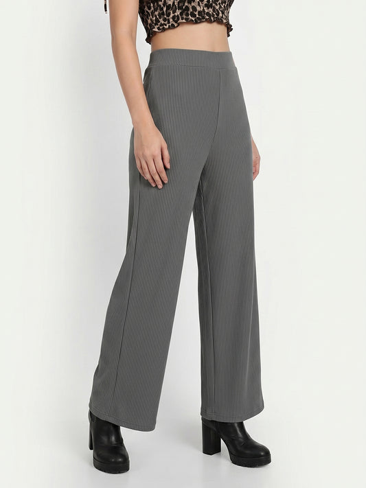 Women's Flowy Grey Ribbed Wide-Leg Loungewear Trousers
