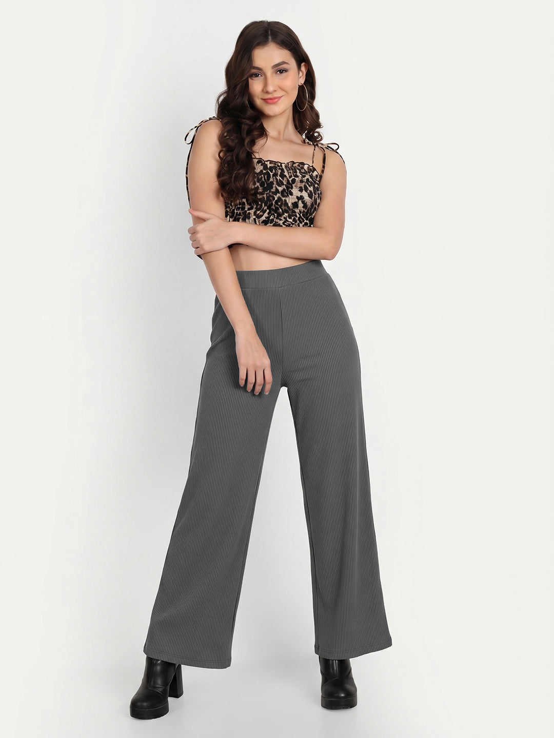 Women's Flowy Grey Ribbed Wide-Leg Loungewear Trousers