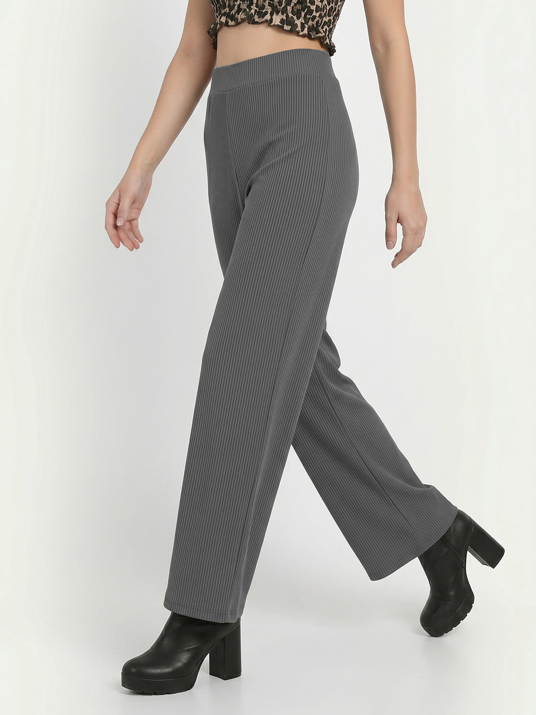 Women's Flowy Grey Ribbed Wide-Leg Loungewear Trousers