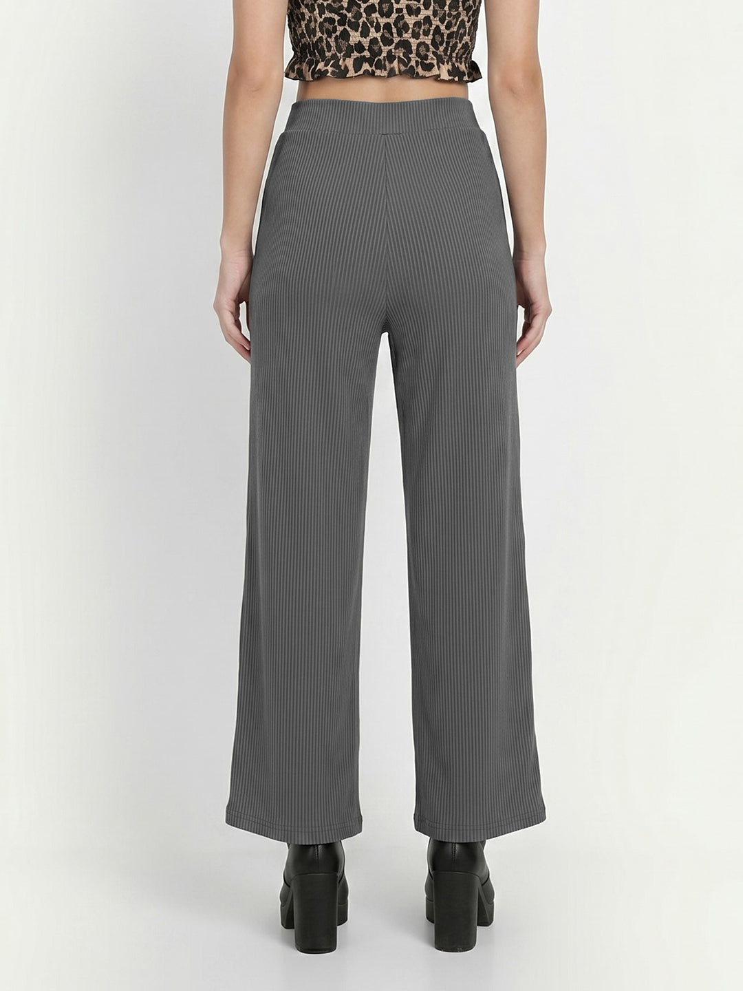 Women's Flowy Grey Ribbed Wide-Leg Loungewear Trousers
