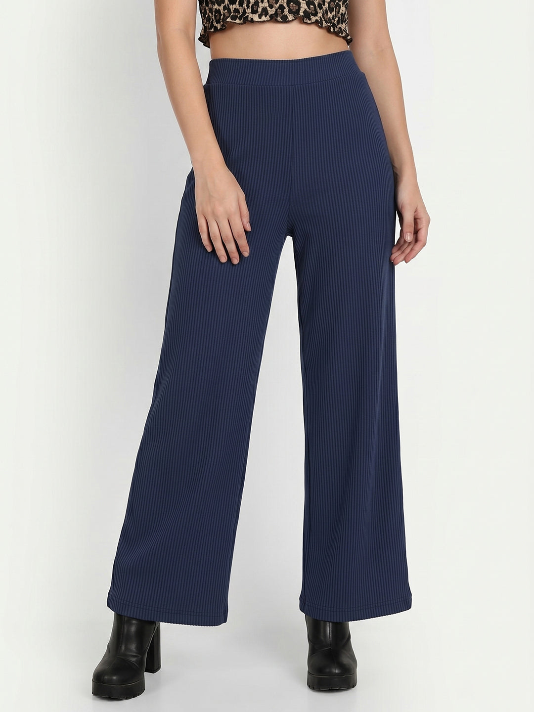 Women's Flowy Navy Blue Ribbed Wide-Leg Loungewear Trousers