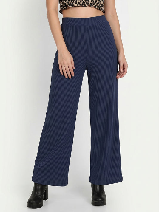 Women's Flowy Navy Blue Ribbed Wide-Leg Loungewear Trousers