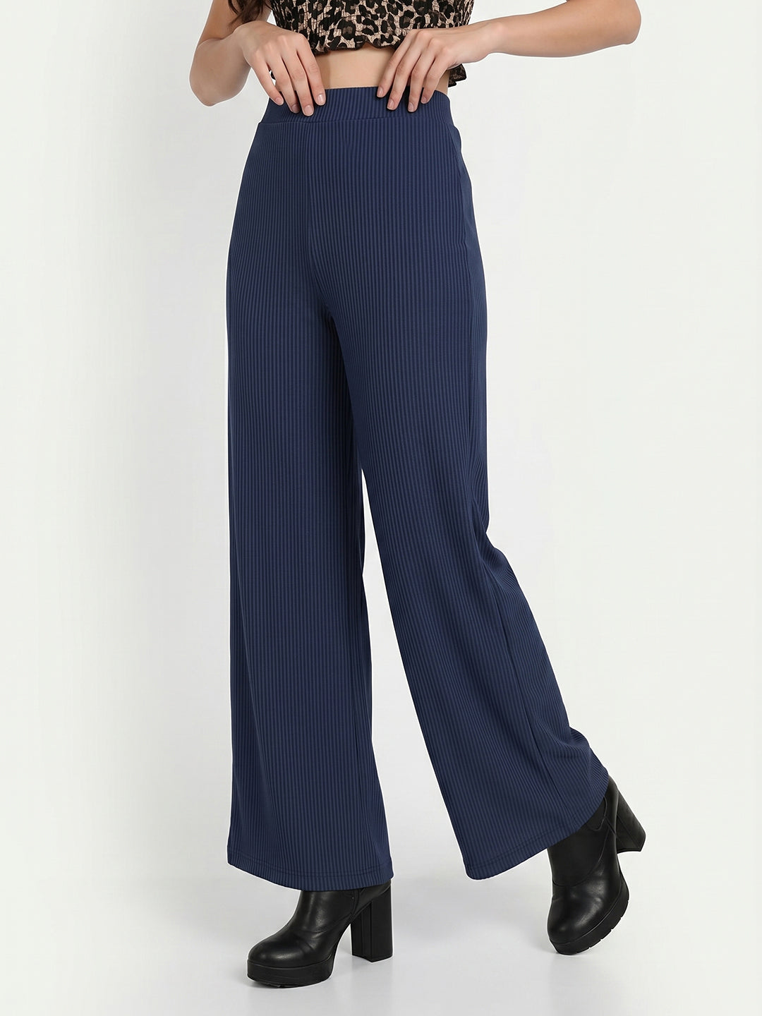 Women's Flowy Navy Blue Ribbed Wide-Leg Loungewear Trousers