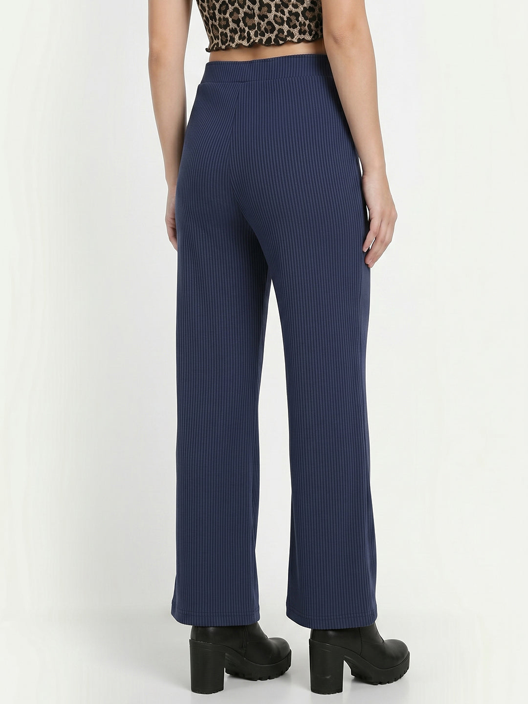 Women's Flowy Navy Blue Ribbed Wide-Leg Loungewear Trousers