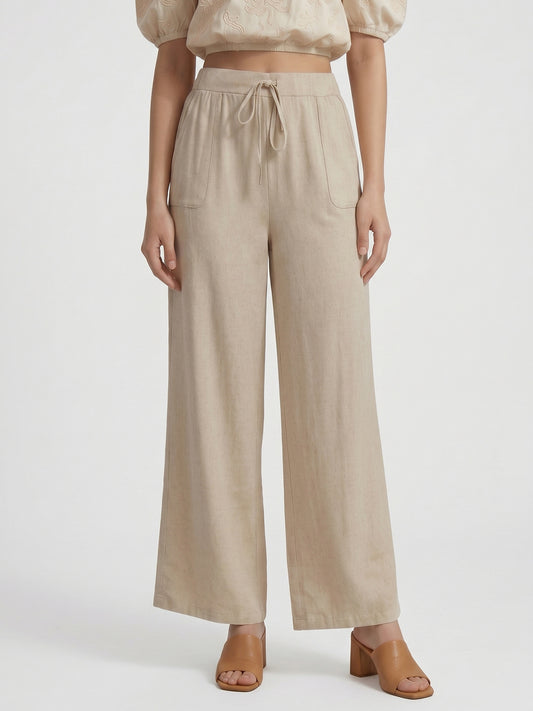 Women's Casual Comfort High-Rise Beige Wide-Leg Trouser
