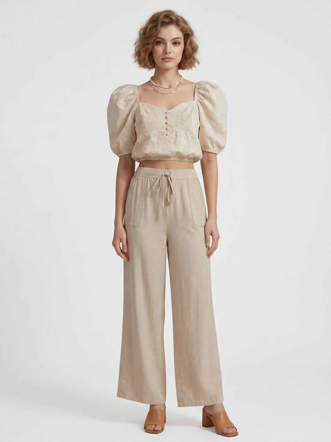 Women's Casual Comfort High-Rise Beige Wide-Leg Trouser