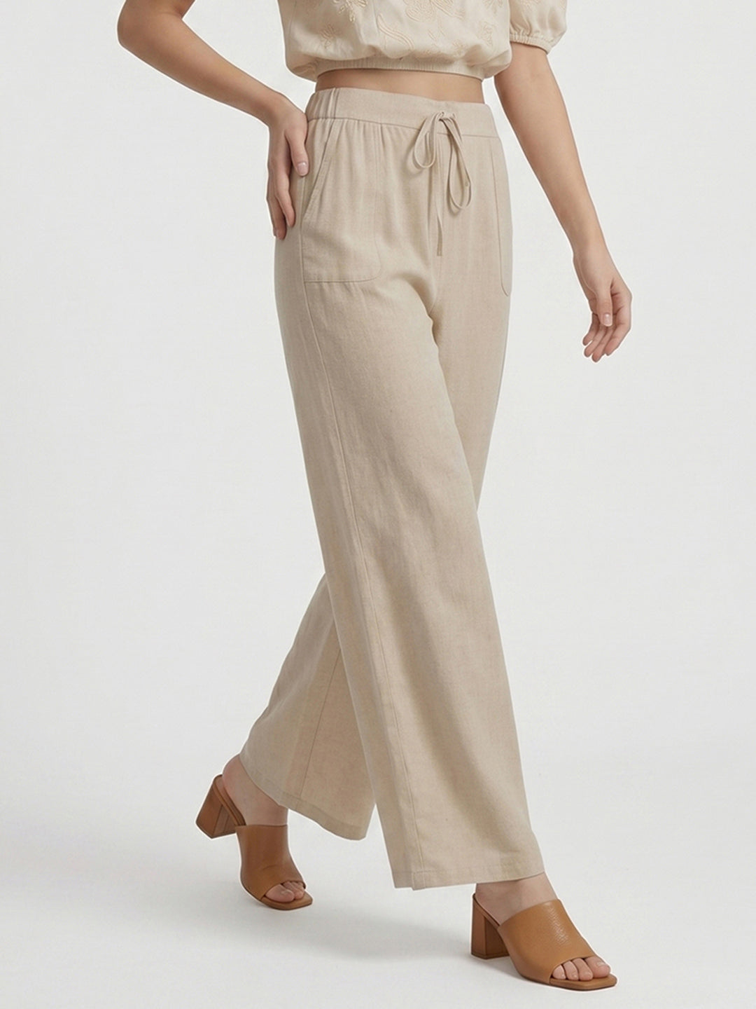 Women's Casual Comfort High-Rise Beige Wide-Leg Trouser