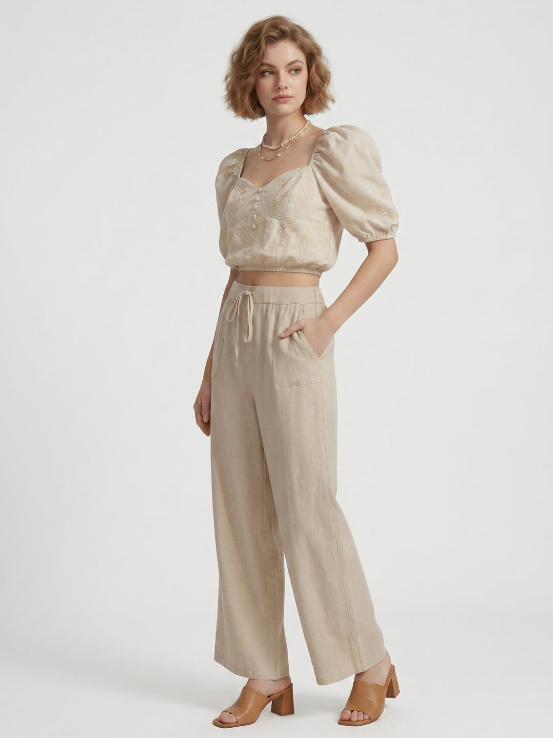 Women's Casual Comfort High-Rise Beige Wide-Leg Trouser