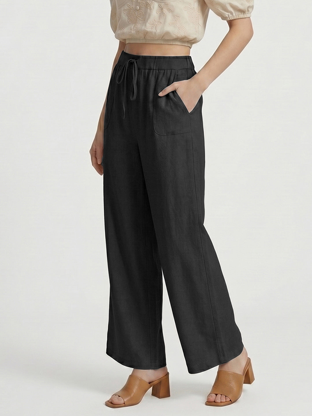 Women's Casual Comfort High-Rise Black Wide-Leg Trouser