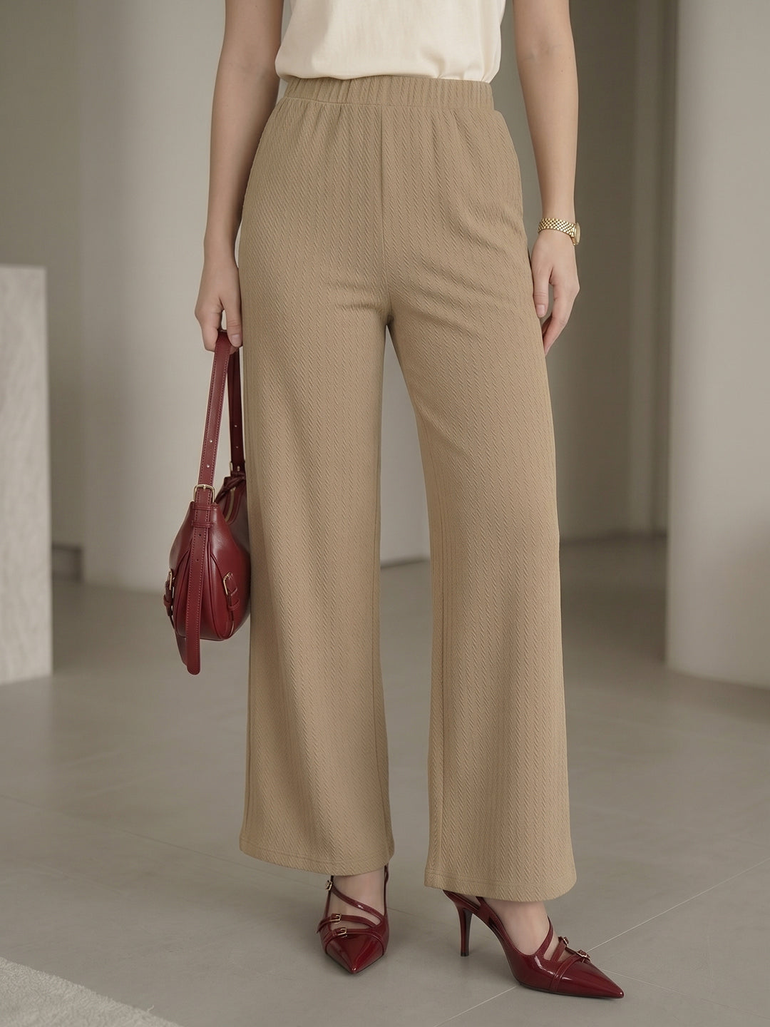 Women's Brown High-Rise Ribbed Elastic-Waist Wide-Leg Trousers