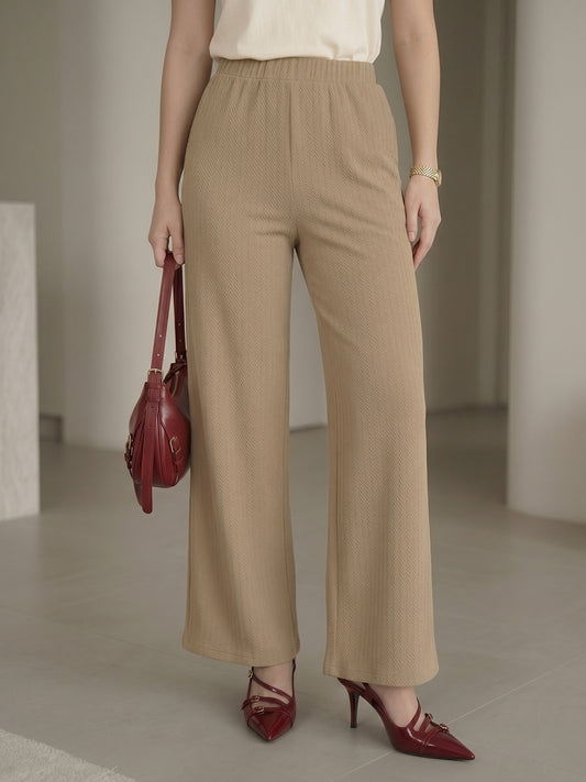 Women's Brown High-Rise Ribbed Elastic-Waist Wide-Leg Trousers