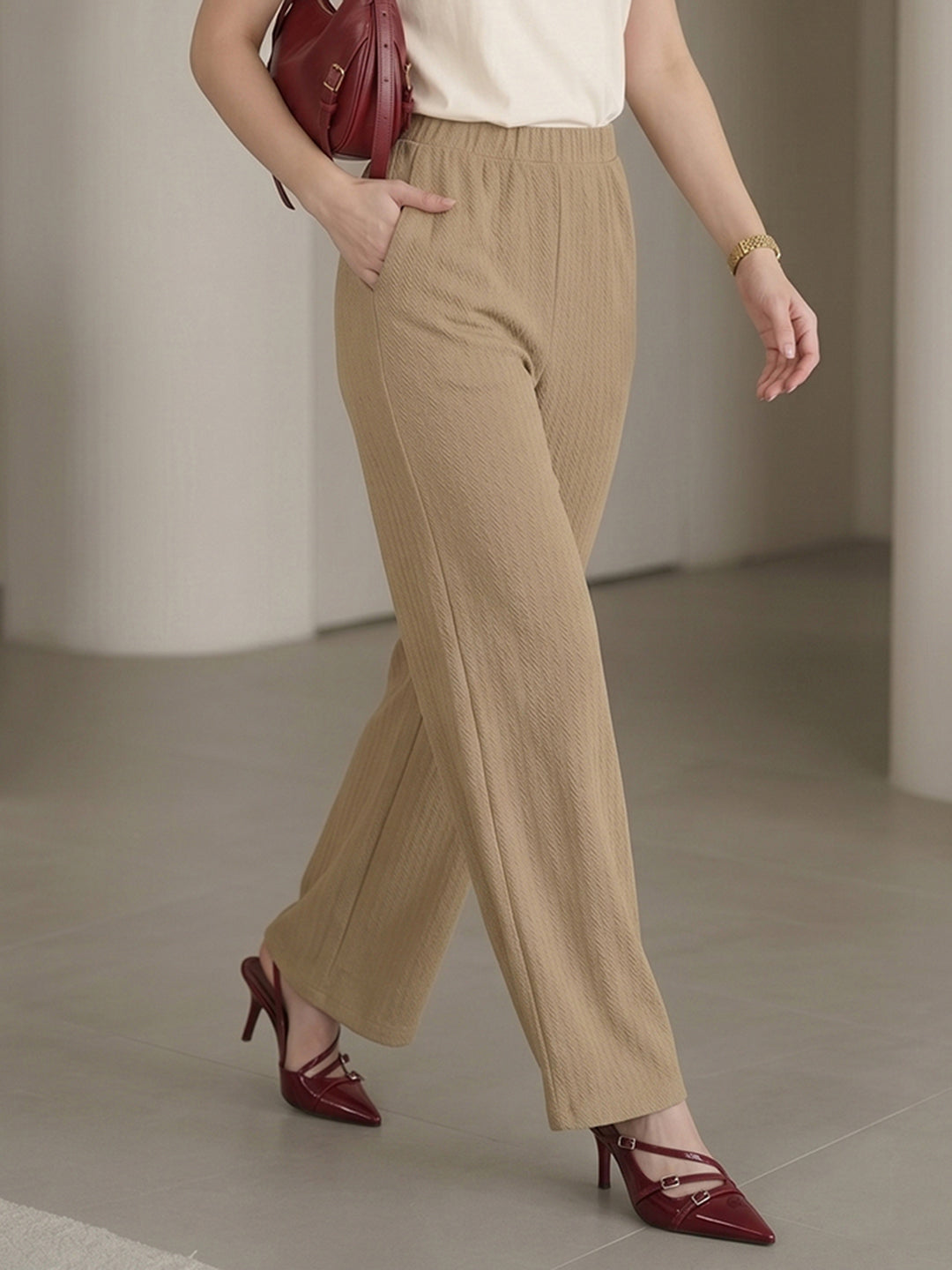 Women's Brown High-Rise Ribbed Elastic-Waist Wide-Leg Trousers
