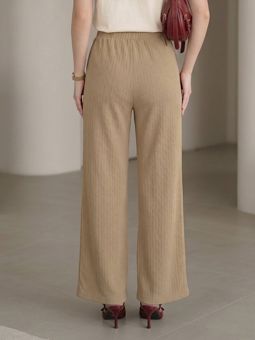 Women's Brown High-Rise Ribbed Elastic-Waist Wide-Leg Trousers