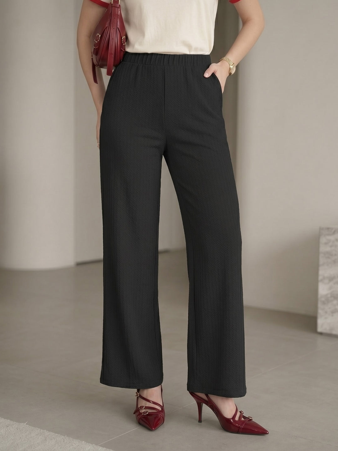Women's Black High-Rise Ribbed Elastic-Waist Wide-Leg Trousers