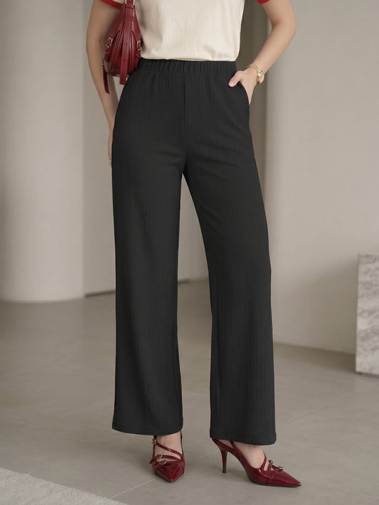 Women's Black High-Rise Ribbed Elastic-Waist Wide-Leg Trousers