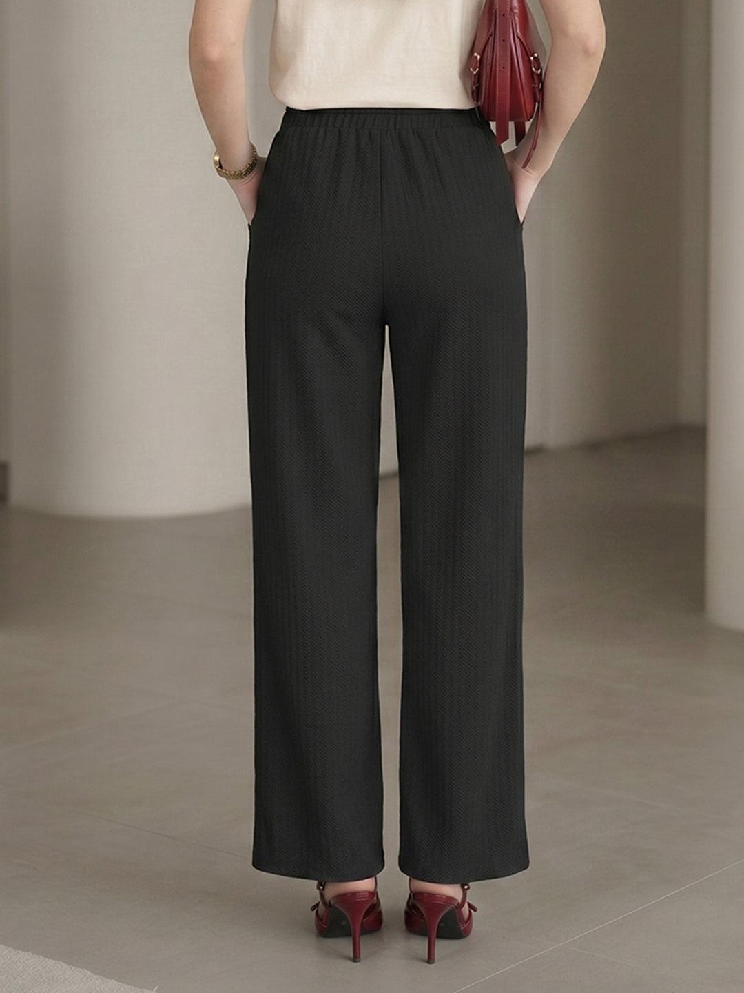 Women's Black High-Rise Ribbed Elastic-Waist Wide-Leg Trousers