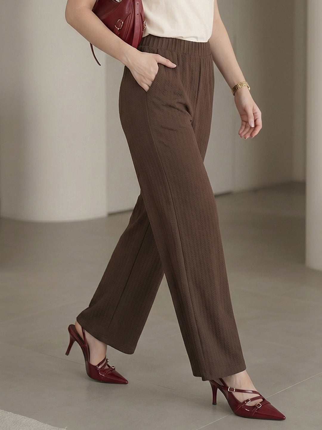 Women's Beige High-Rise Ribbed Elastic-Waist Wide-Leg Trousers