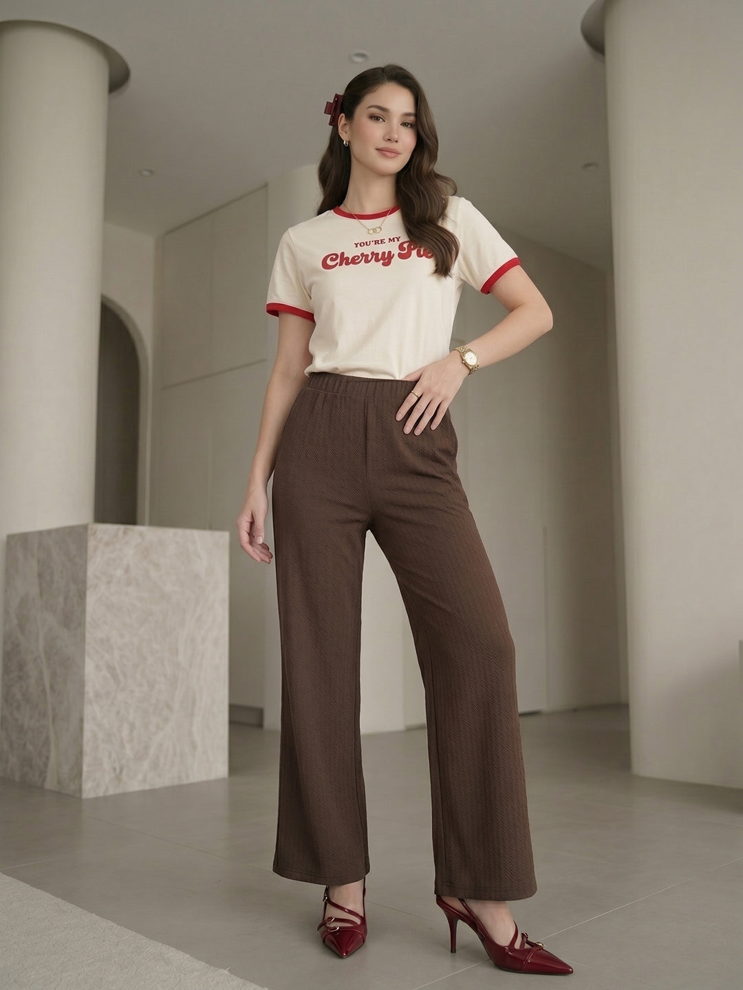 Women's Beige High-Rise Ribbed Elastic-Waist Wide-Leg Trousers