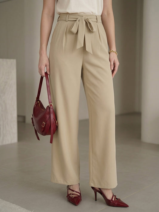 Women's Beige High-Waist Belted Wide-Leg Trousers