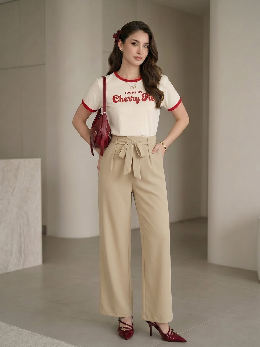 Women's Beige High-Waist Belted Wide-Leg Trousers