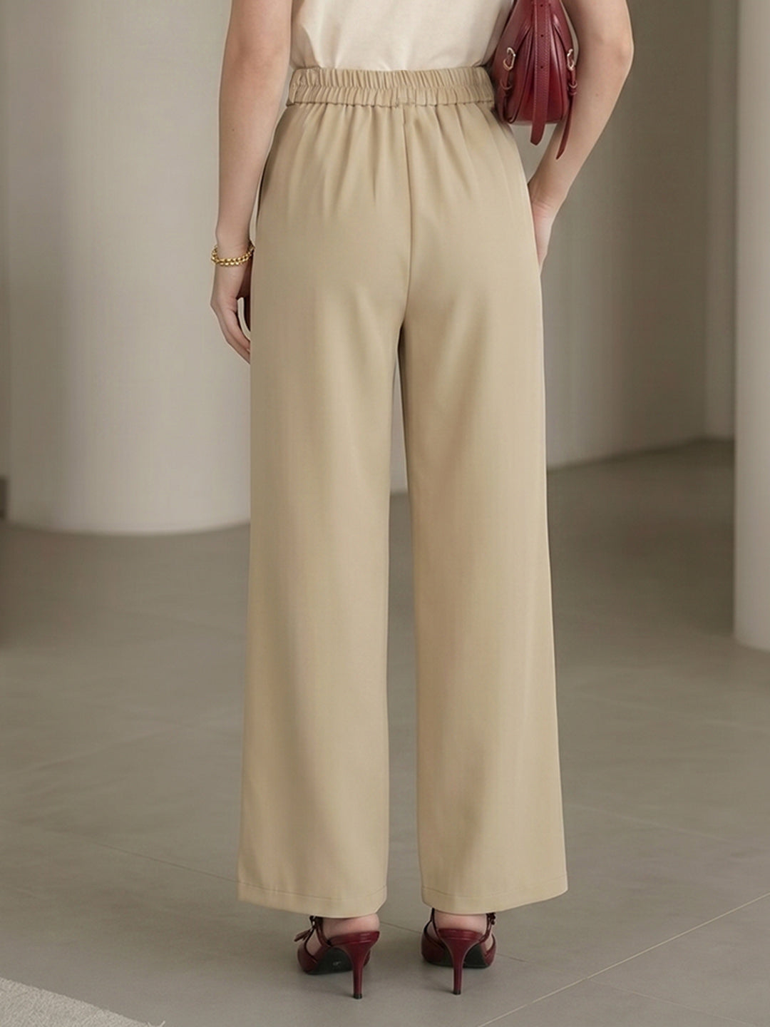 Women's Beige High-Waist Belted Wide-Leg Trousers
