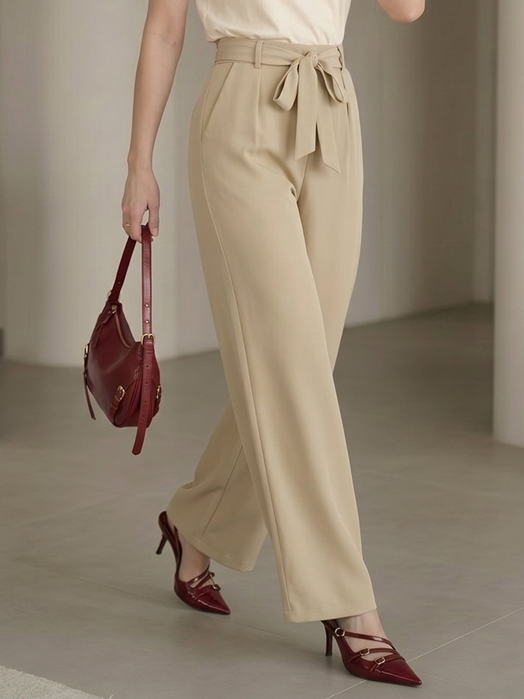 Women's Beige High-Waist Belted Wide-Leg Trousers