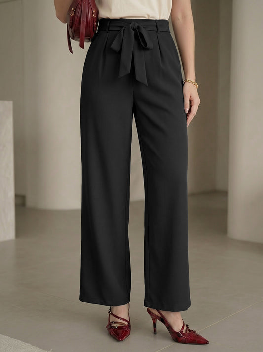 Women's Black High-Waist Belted Wide-Leg Trousers