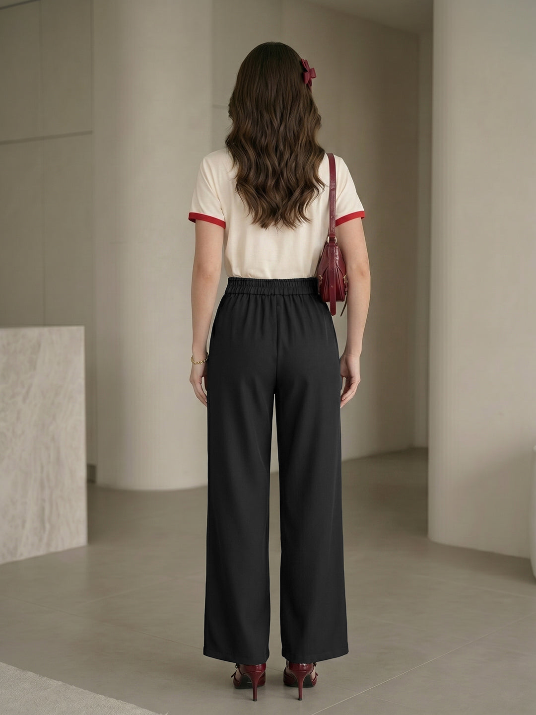 Women's Black High-Waist Belted Wide-Leg Trousers
