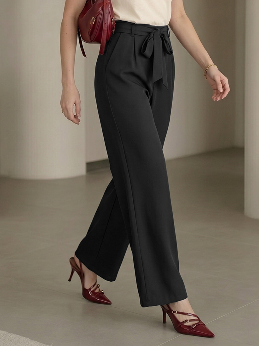 Women's Black High-Waist Belted Wide-Leg Trousers
