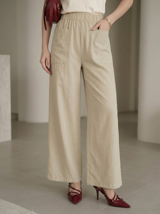 Women's Beige High-Waist Belted Wide-Leg Trousers