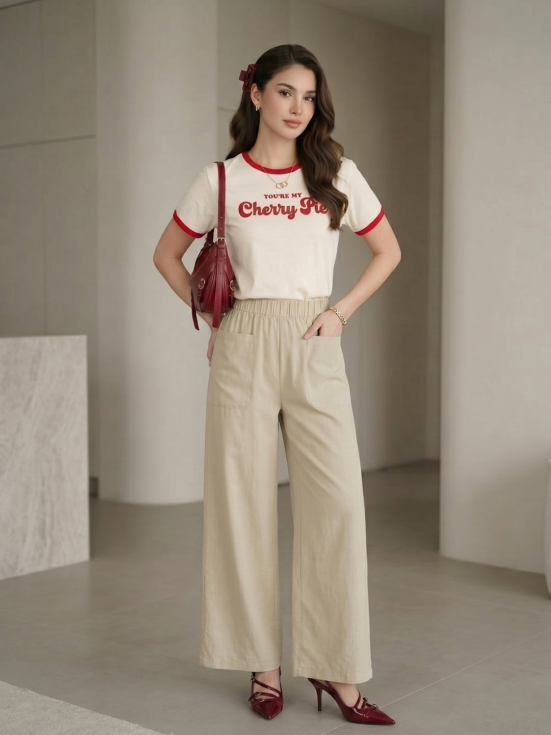 Women's Beige High-Waist Belted Wide-Leg Trousers