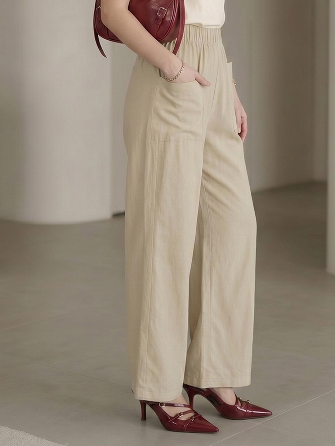 Women's Beige High-Waist Belted Wide-Leg Trousers