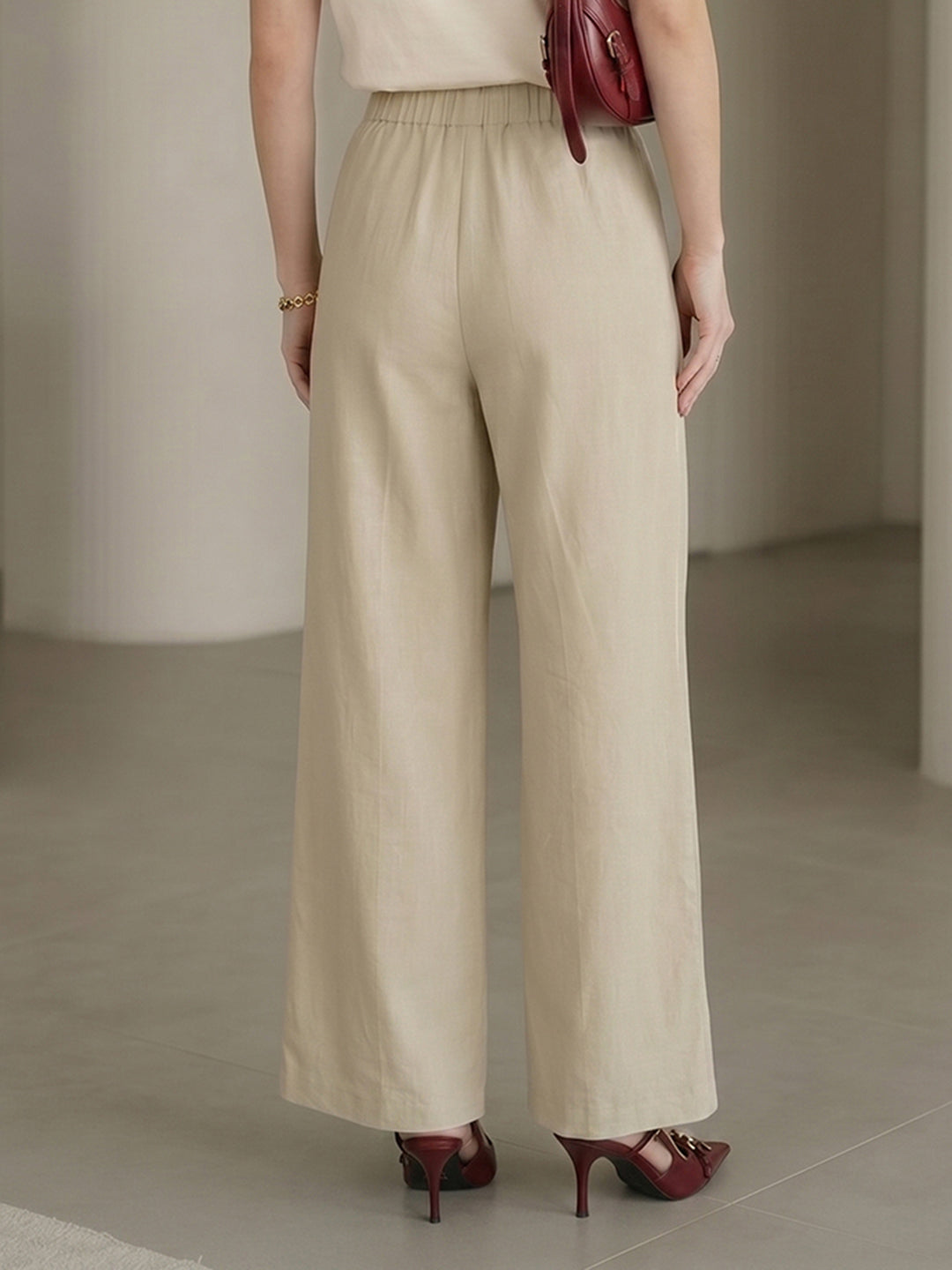 Women's Beige High-Waist Belted Wide-Leg Trousers