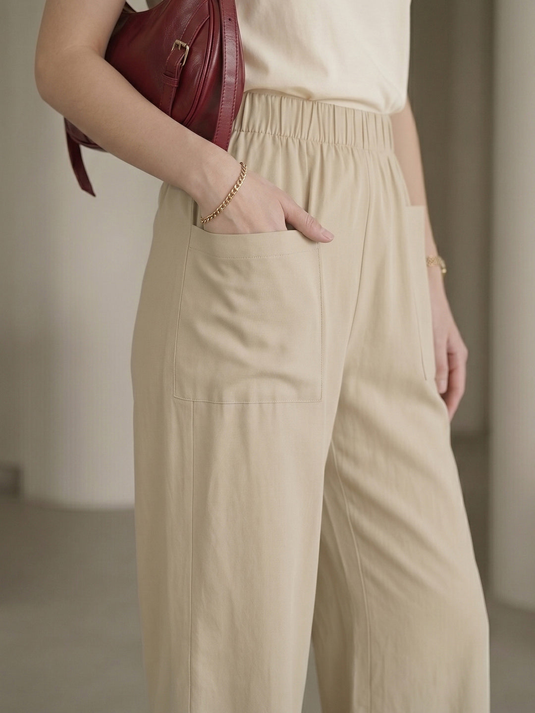 Women's Beige High-Waist Belted Wide-Leg Trousers